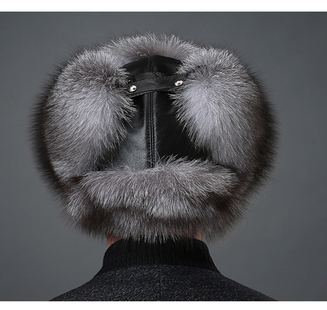 Mens Winter Sheepskin Shell Fluffy Real Fox Fur Trapper Hat Russian Ushanka Hats