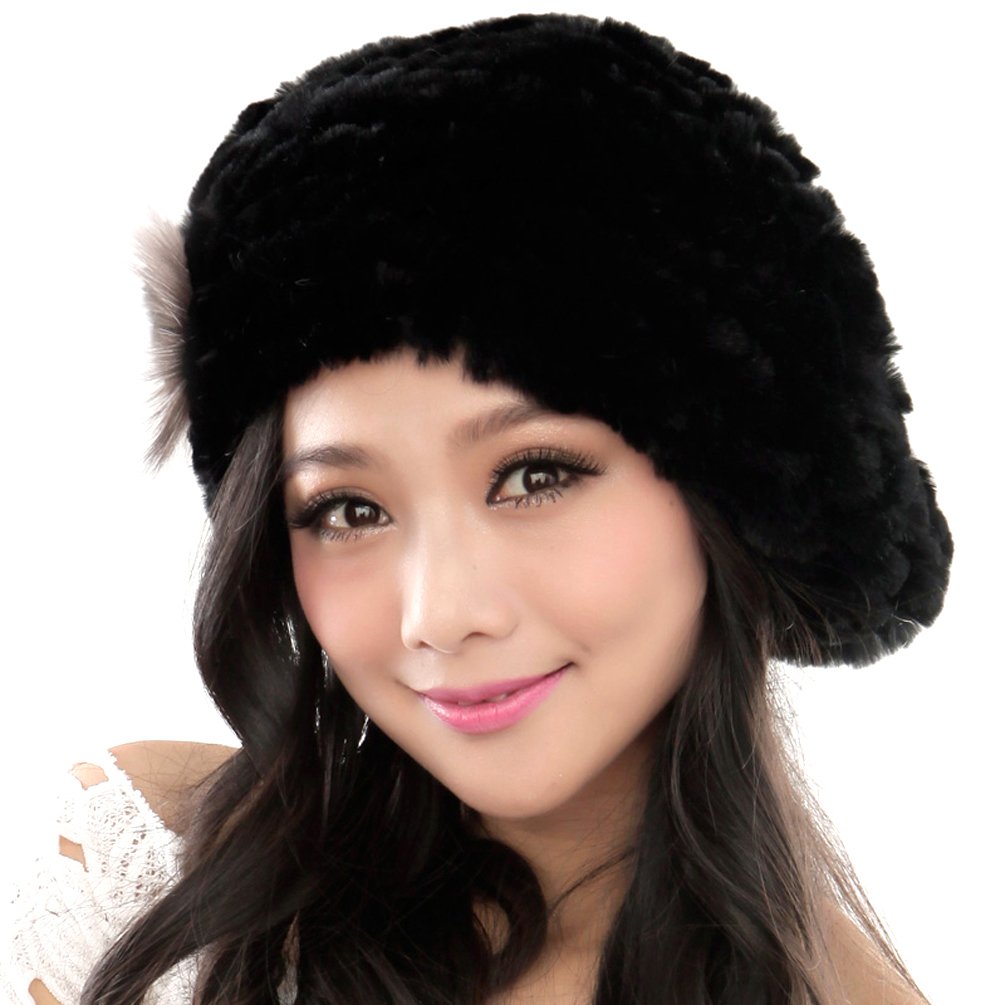 XUYUZUAU Winter Women's Rex Rabbit Beret Hats with Flower