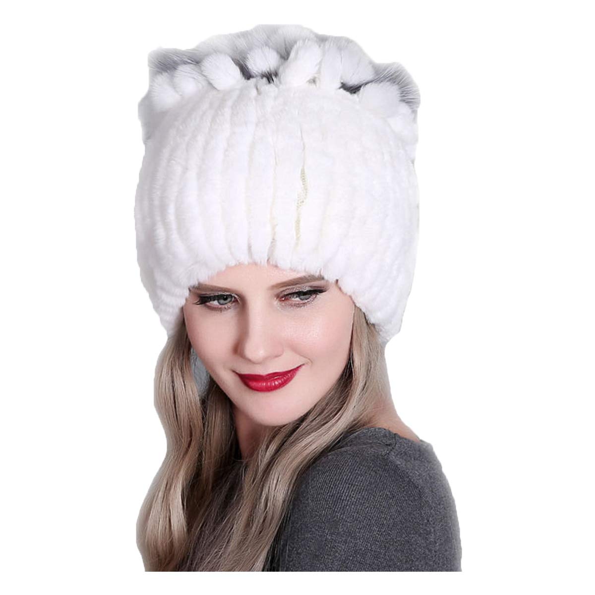Knitted Hat for Women Real Rex Rabbit Hair and Silver Fox Hair Top Flower Shape Cap Elastic Winter Warm