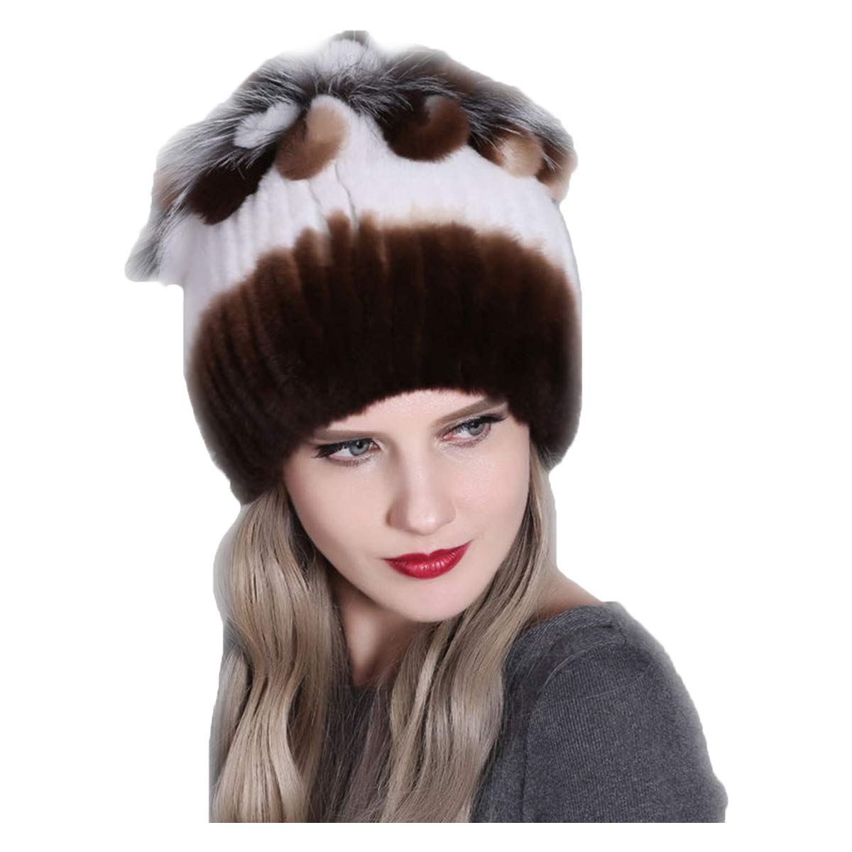 Knitted Hat for Women Real Rex Rabbit Hair and Silver Fox Hair Top Flower Shape Cap Elastic Winter Warm