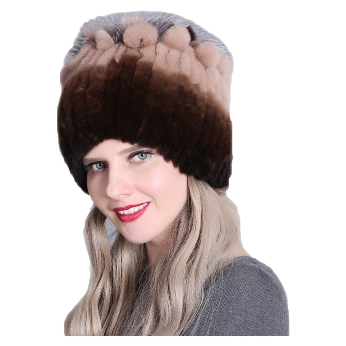 Knitted Hat for Women Real Rex Rabbit Hair and Silver Fox Hair Top Flower Shape Cap Elastic Winter Warm