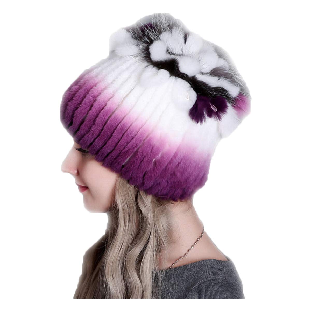 Knitted Hat for Women Real Rex Rabbit Hair and Silver Fox Hair Top Flower Shape Cap Elastic Winter Warm