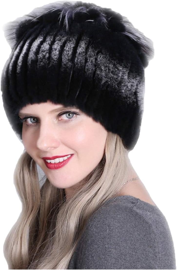 Knitted Hat for Women Real Rex Rabbit Hair and Silver Fox Hair Top Flower Shape Cap Elastic Winter Warm