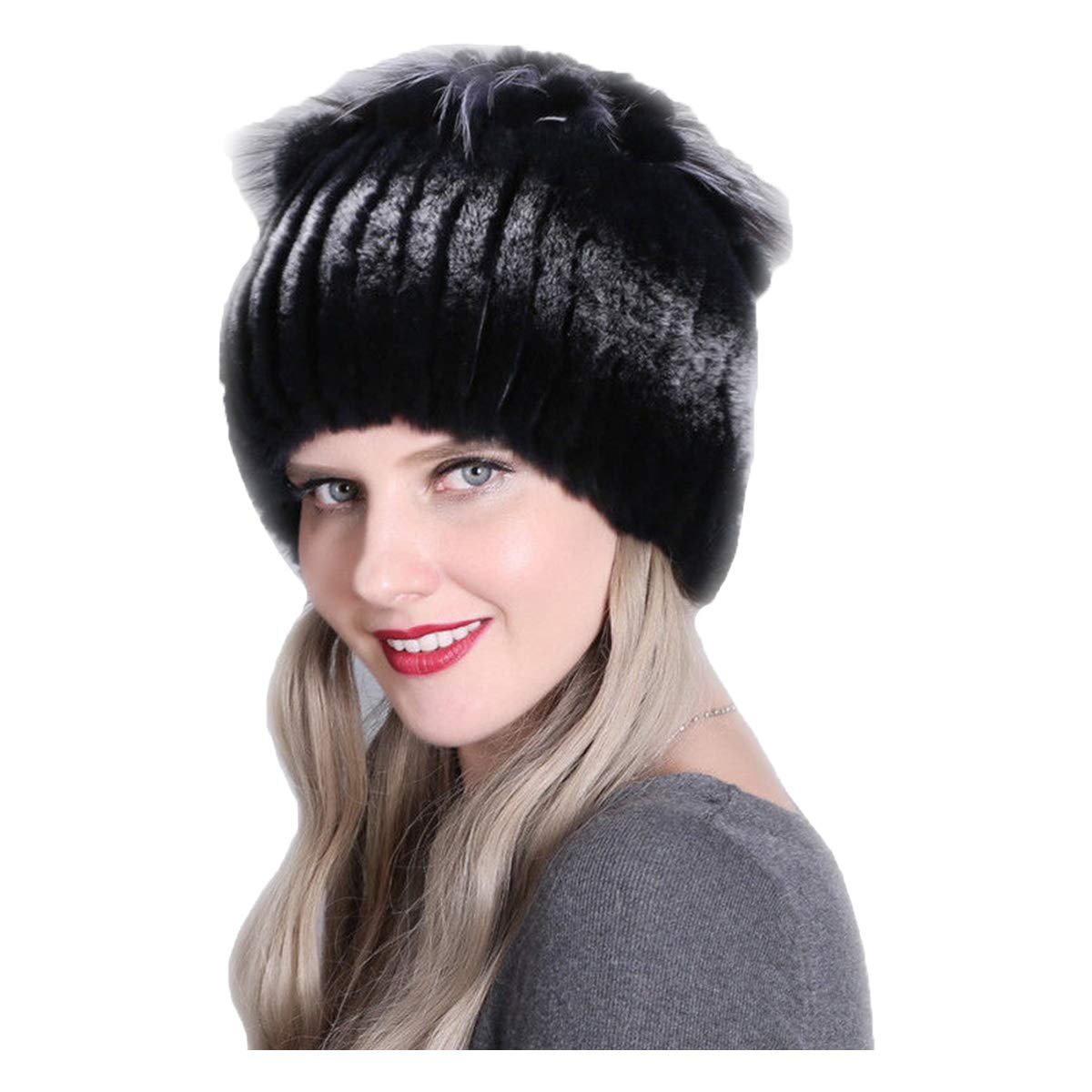 Knitted Hat for Women Real Rex Rabbit Hair and Silver Fox Hair Top Flower Shape Cap Elastic Winter Warm