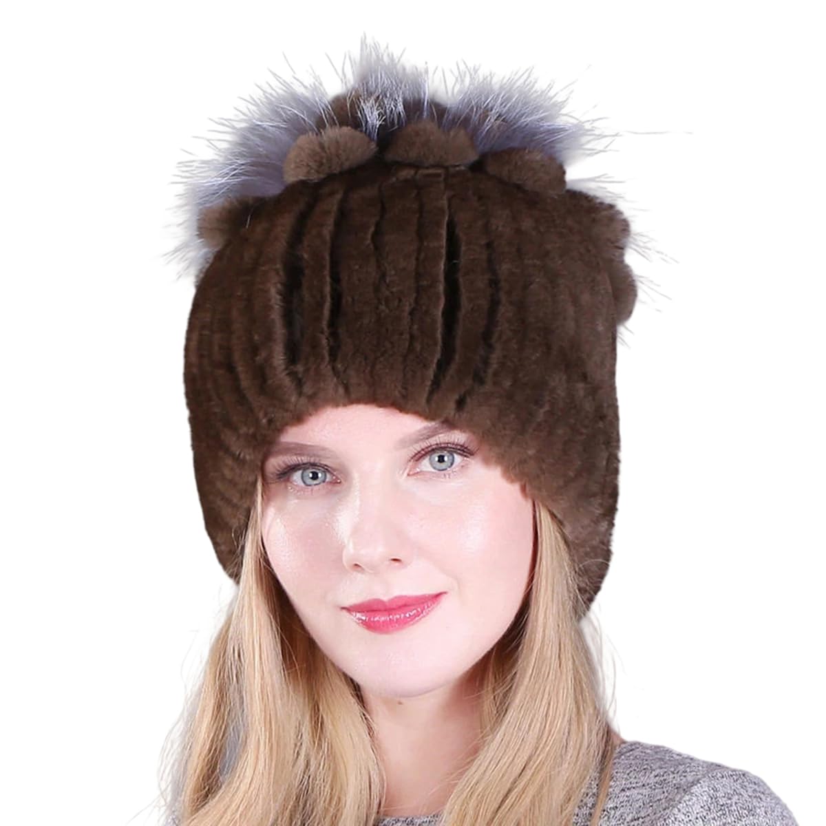 Knitted Hat for Women Real Rex Rabbit Hair and Silver Fox Hair Top Flower Shape Cap Elastic Winter Warm