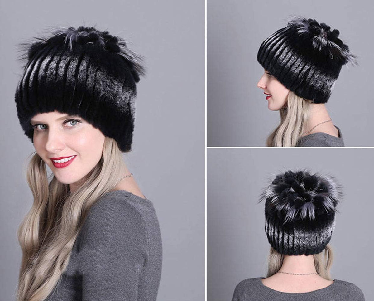 Knitted Hat for Women Real Rex Rabbit Hair and Silver Fox Hair Top Flower Shape Cap Elastic Winter Warm