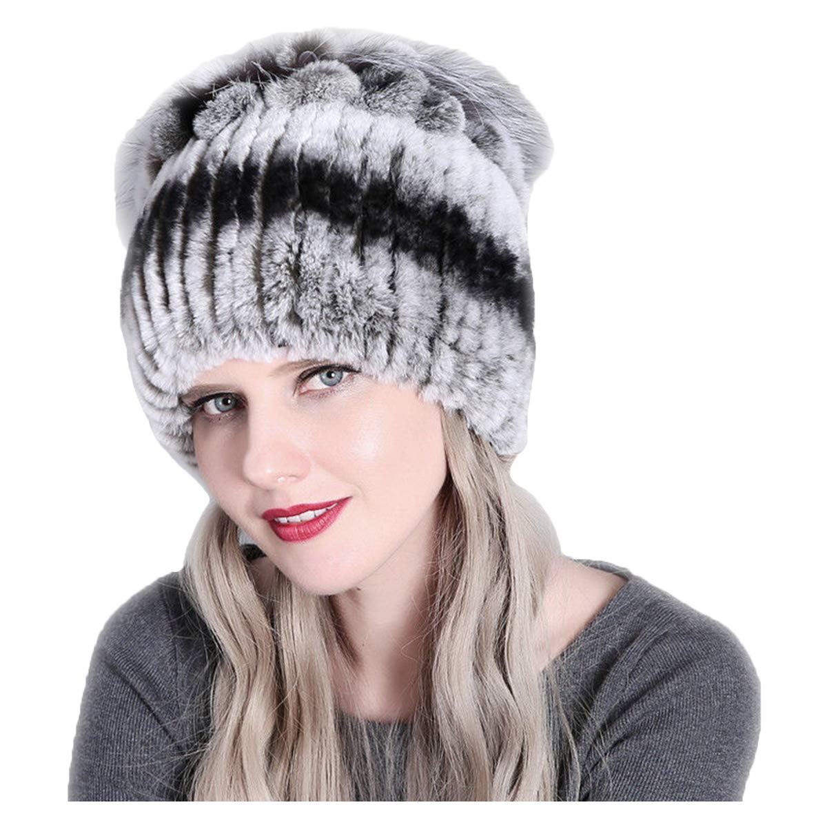 Knitted Hat for Women Real Rex Rabbit Hair and Silver Fox Hair Top Flower Shape Cap Elastic Winter Warm