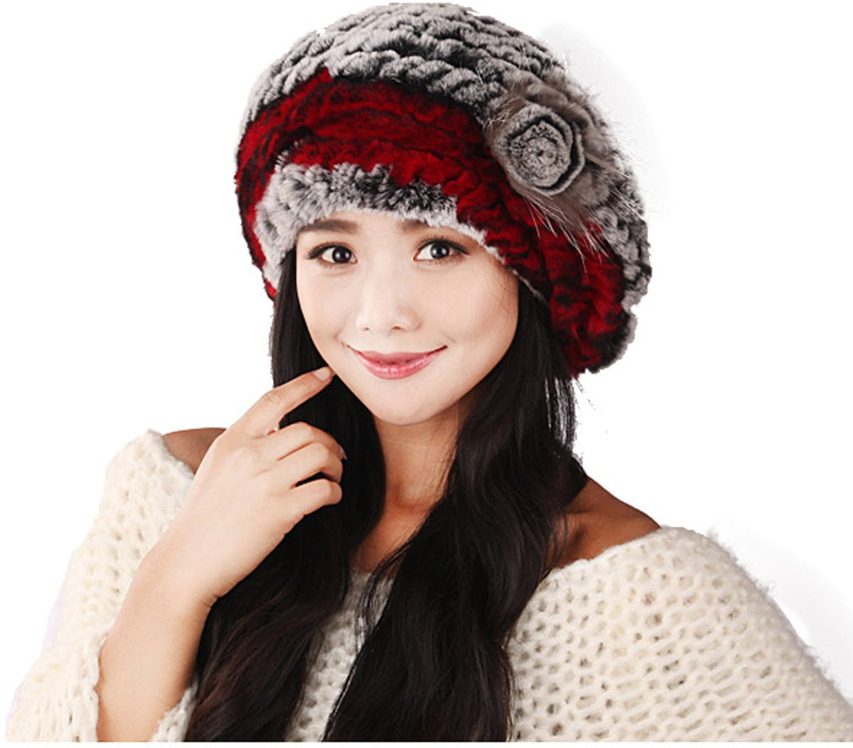 XUYUZUAU Winter Women's Rex Rabbit Beret Hats with Flower