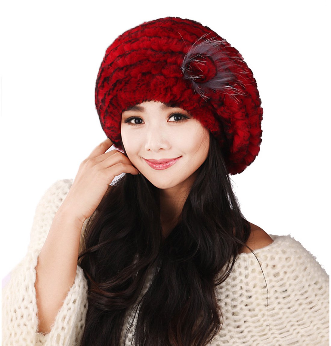 XUYUZUAU Winter Women's Rex Rabbit Beret Hats with Flower