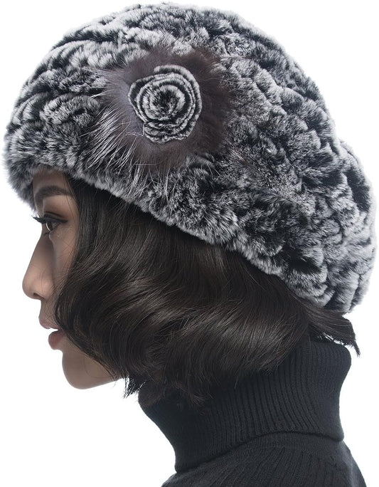 XUYUZUAU Winter Women's Rex Rabbit Beret Hats with Flower