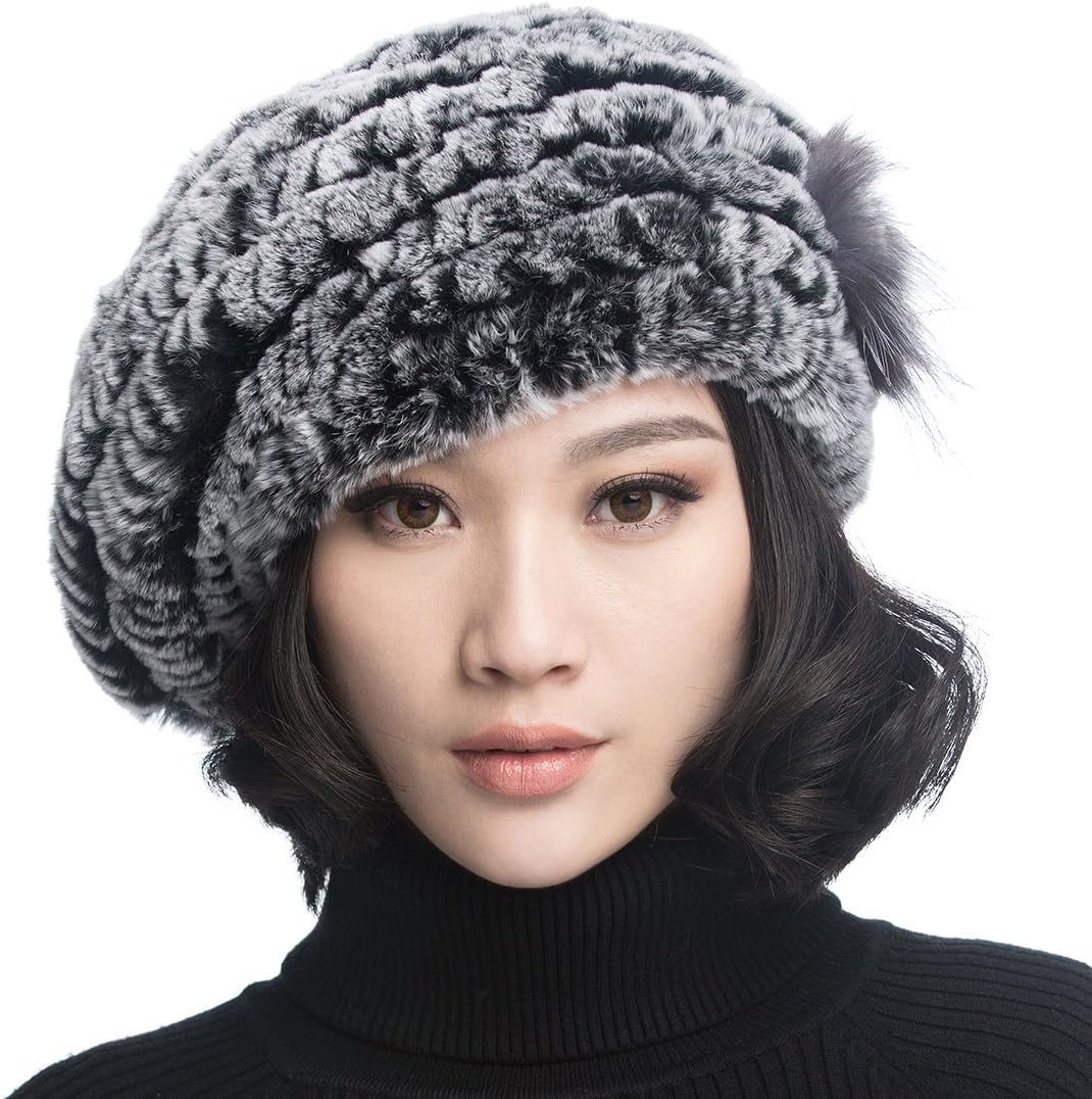 XUYUZUAU Winter Women's Rex Rabbit Beret Hats with Flower