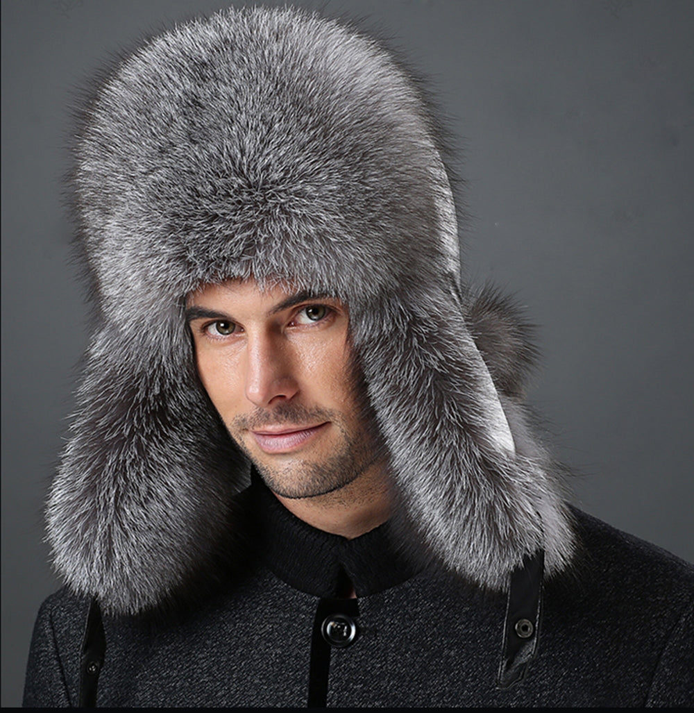 Mens Winter Sheepskin Shell Fluffy Real Fox Fur Trapper Hat Russian Ushanka Hats