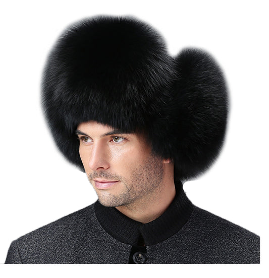 Mens Winter Sheepskin Shell Fluffy Real Fox Fur Trapper Hat Russian Ushanka Hats