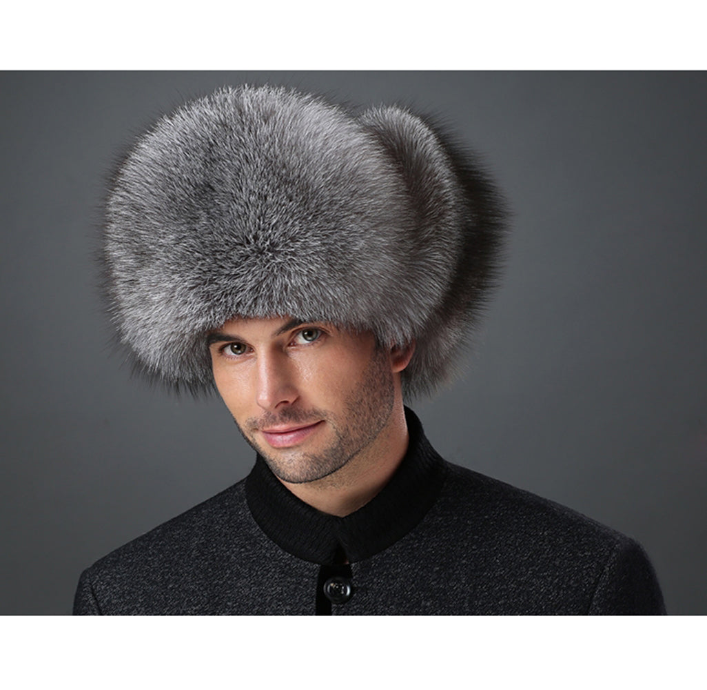 Mens Winter Sheepskin Shell Fluffy Real Fox Fur Trapper Hat Russian Ushanka Hats