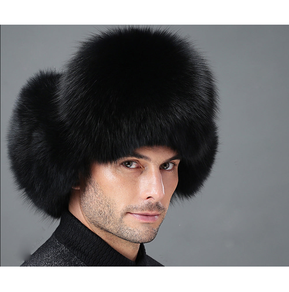 Mens Winter Sheepskin Shell Fluffy Real Fox Fur Trapper Hat Russian Ushanka Hats