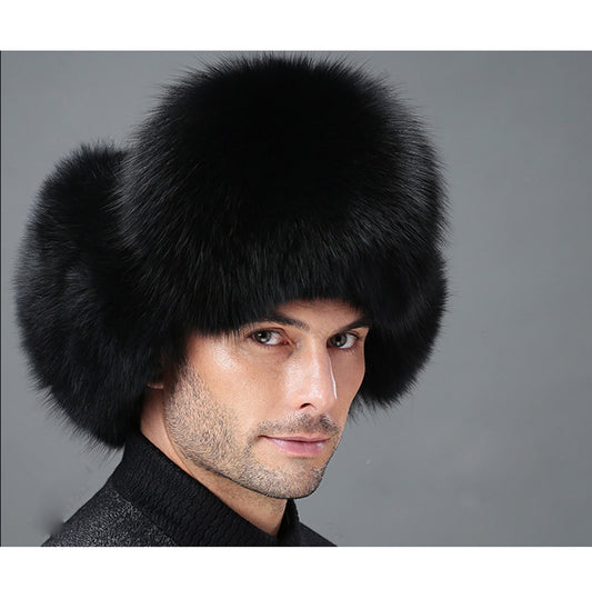 Mens Winter Sheepskin Shell Fluffy Real Fox Fur Trapper Hat Russian Ushanka Hats