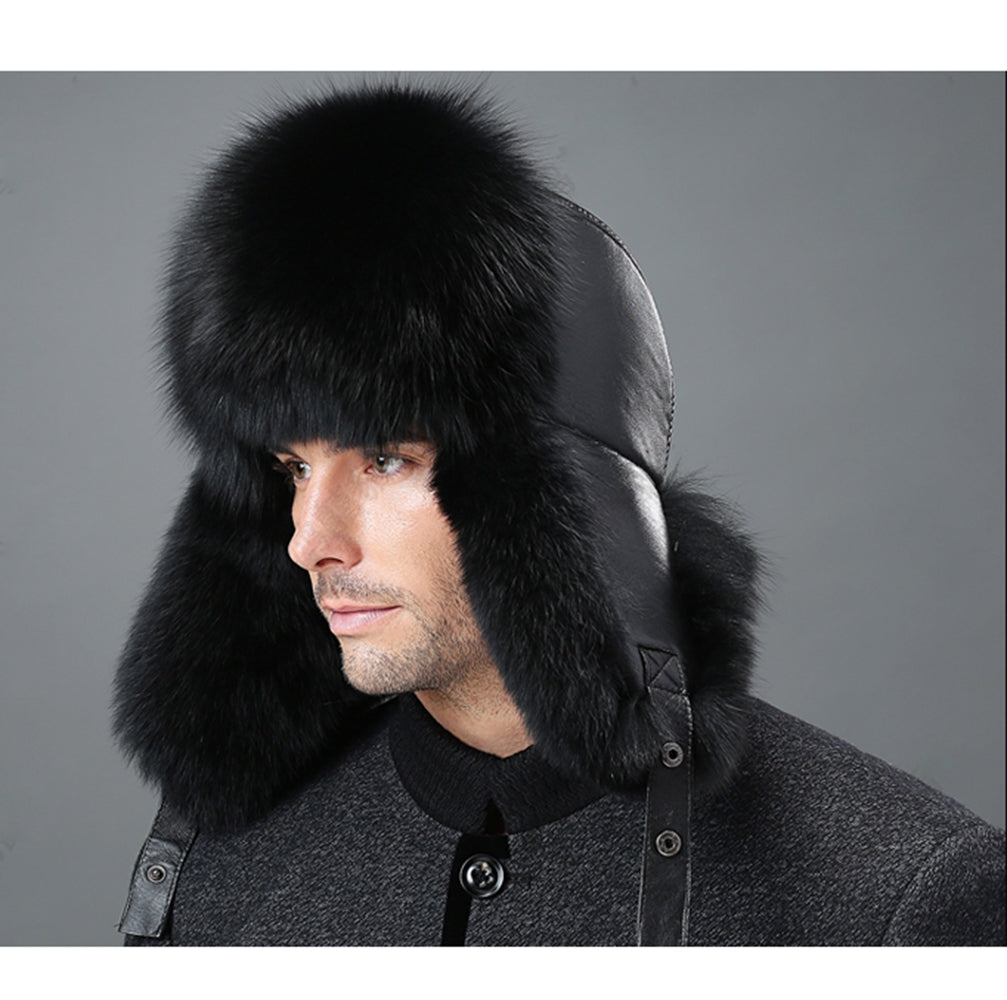 Mens Winter Sheepskin Shell Fluffy Real Fox Fur Trapper Hat Russian Ushanka Hats