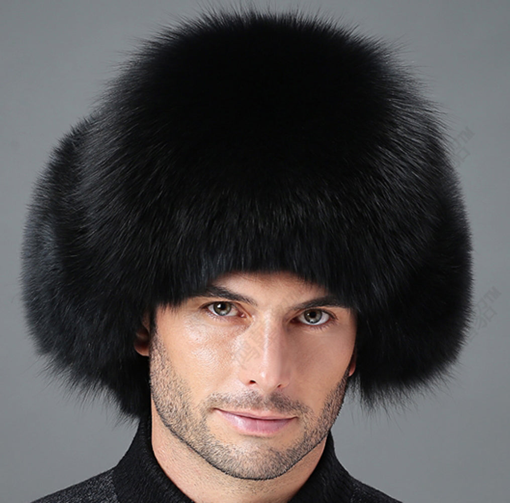 Mens Winter Sheepskin Shell Fluffy Real Fox Fur Trapper Hat Russian Ushanka Hats