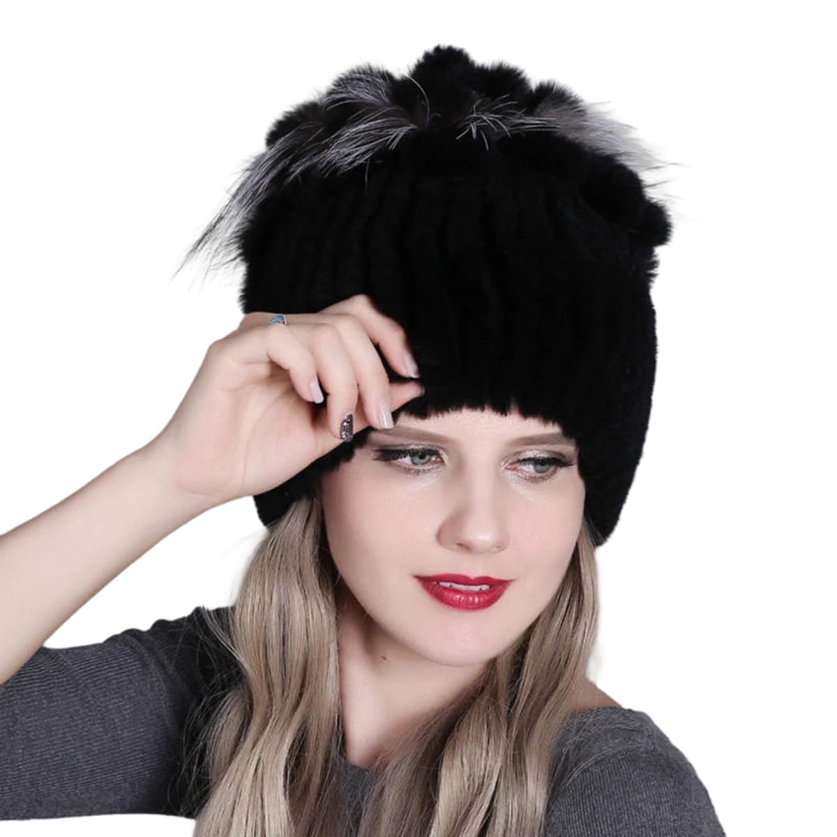 Knitted Hat for Women Real Rex Rabbit Hair and Silver Fox Hair Top Flower Shape Cap Elastic Winter Warm