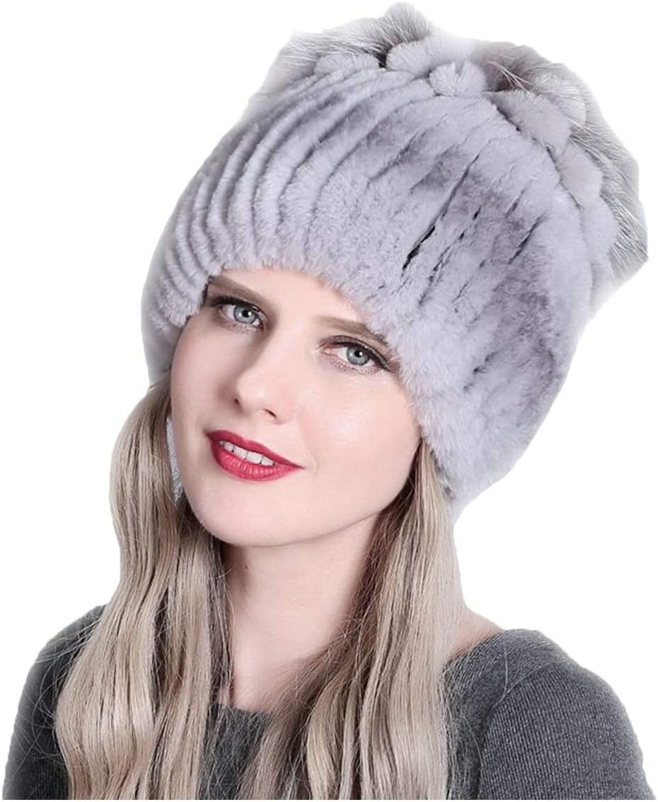 Knitted Hat for Women Real Rex Rabbit Hair and Silver Fox Hair Top Flower Shape Cap Elastic Winter Warm