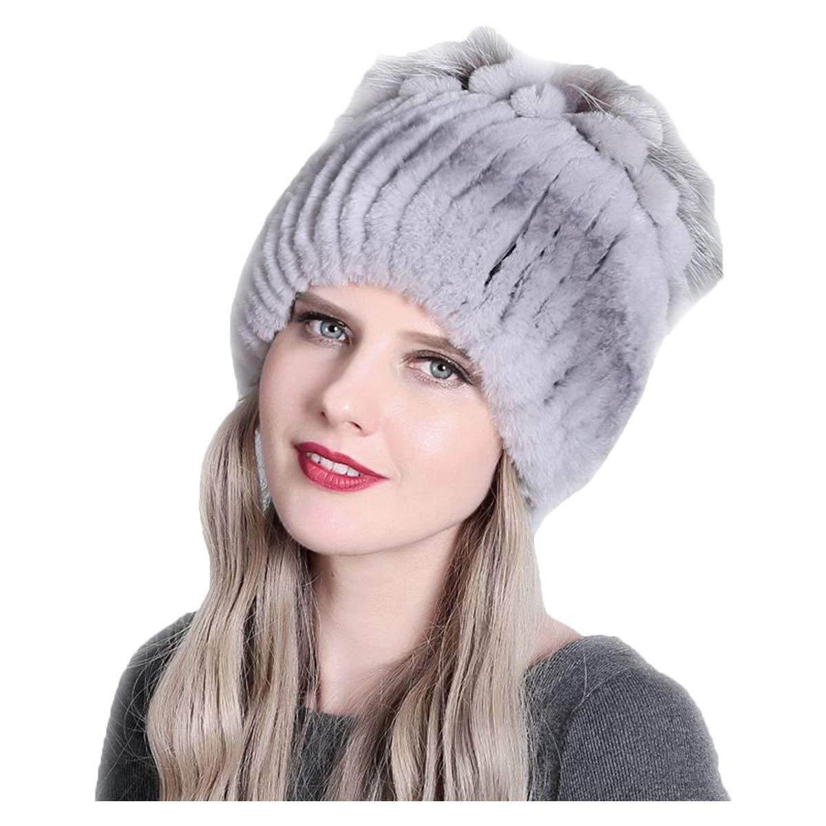 Knitted Hat for Women Real Rex Rabbit Hair and Silver Fox Hair Top Flower Shape Cap Elastic Winter Warm