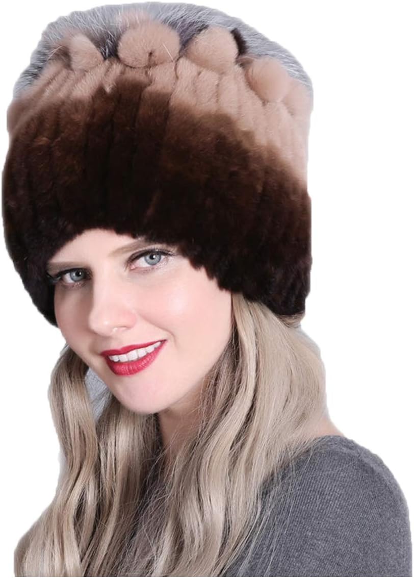 Knitted Hat for Women Real Rex Rabbit Hair and Silver Fox Hair Top Flower Shape Cap Elastic Winter Warm