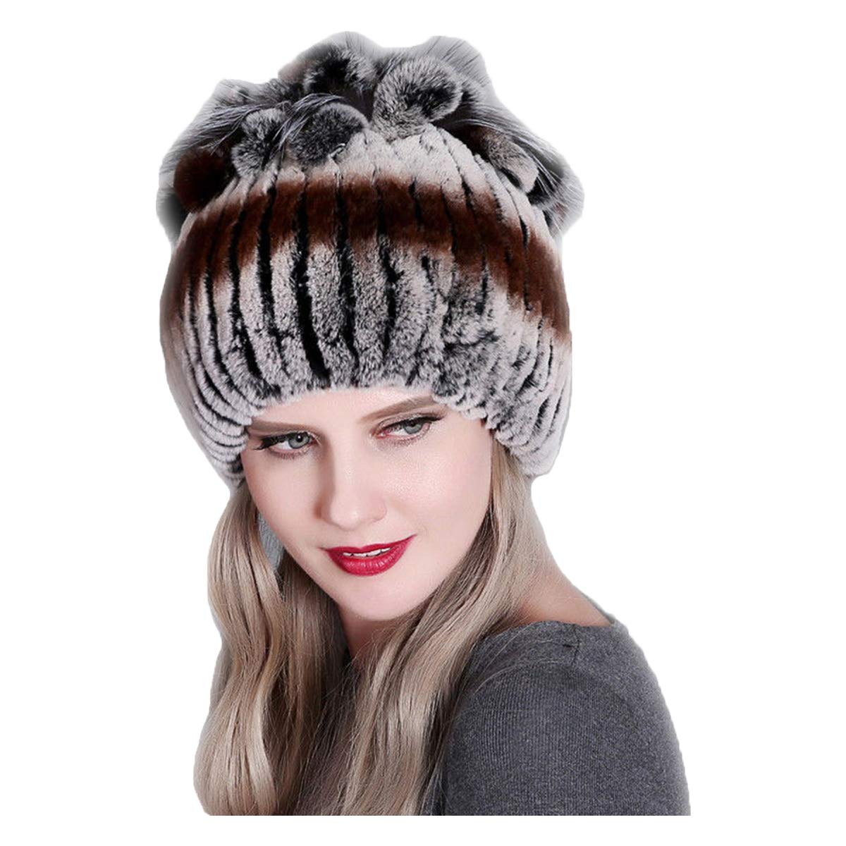 Knitted Hat for Women Real Rex Rabbit Hair and Silver Fox Hair Top Flower Shape Cap Elastic Winter Warm