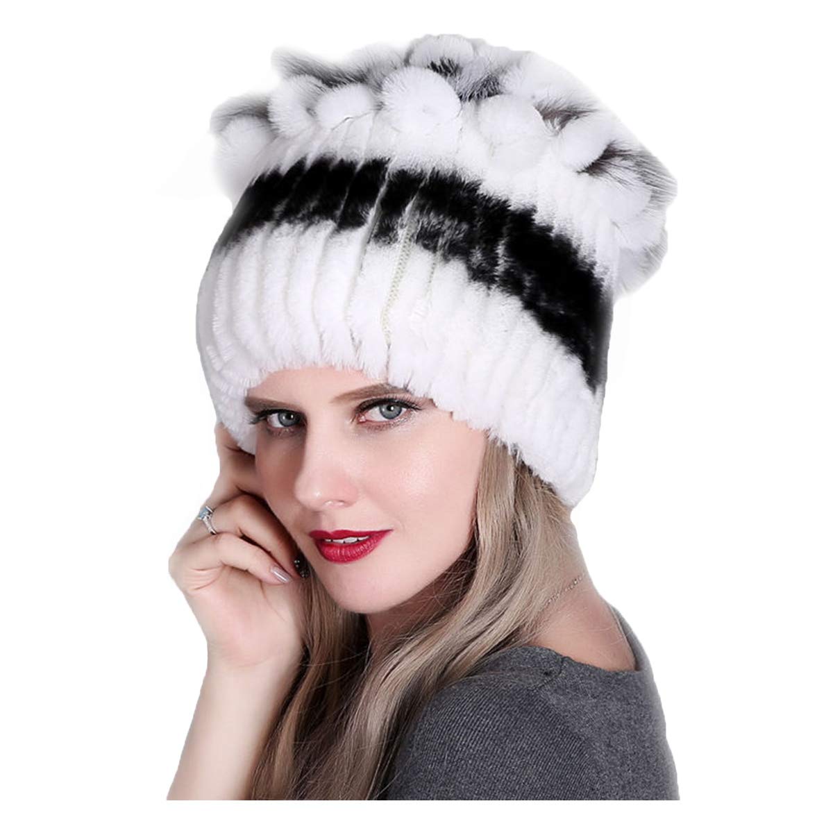 Knitted Hat for Women Real Rex Rabbit Hair and Silver Fox Hair Top Flower Shape Cap Elastic Winter Warm