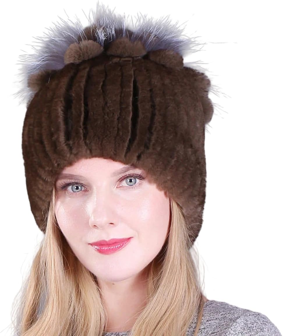 Knitted Hat for Women Real Rex Rabbit Hair and Silver Fox Hair Top Flower Shape Cap Elastic Winter Warm