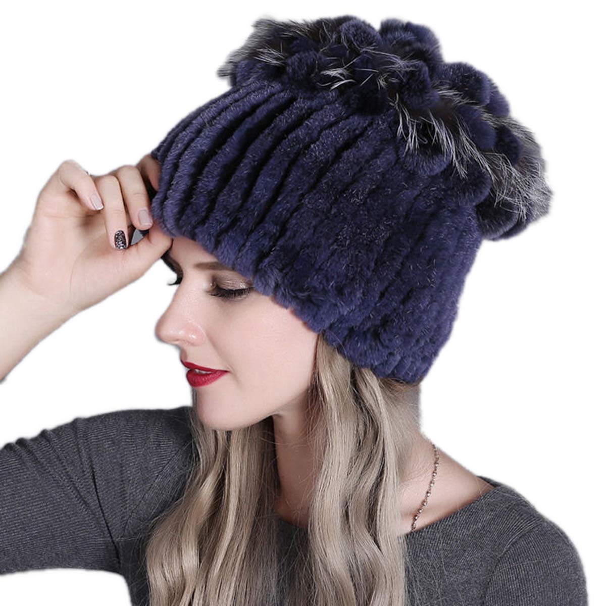 Knitted Hat for Women Real Rex Rabbit Hair and Silver Fox Hair Top Flower Shape Cap Elastic Winter Warm