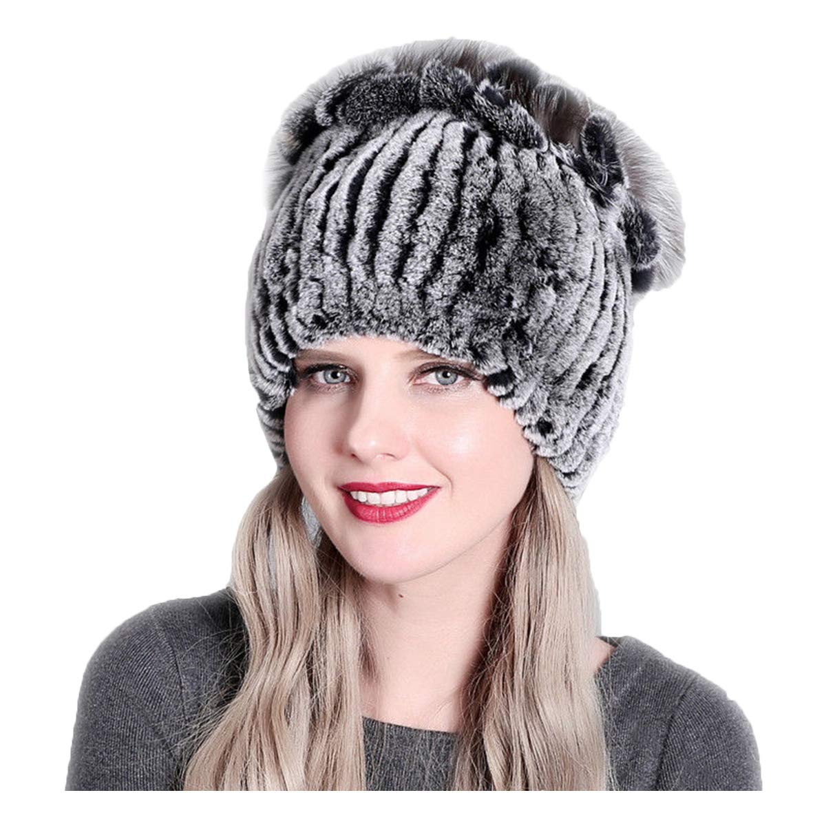 Knitted Hat for Women Real Rex Rabbit Hair and Silver Fox Hair Top Flower Shape Cap Elastic Winter Warm