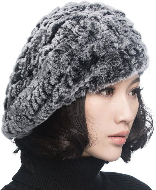 XUYUZUAU Winter Women's Rex Rabbit Beret Hats with Flower