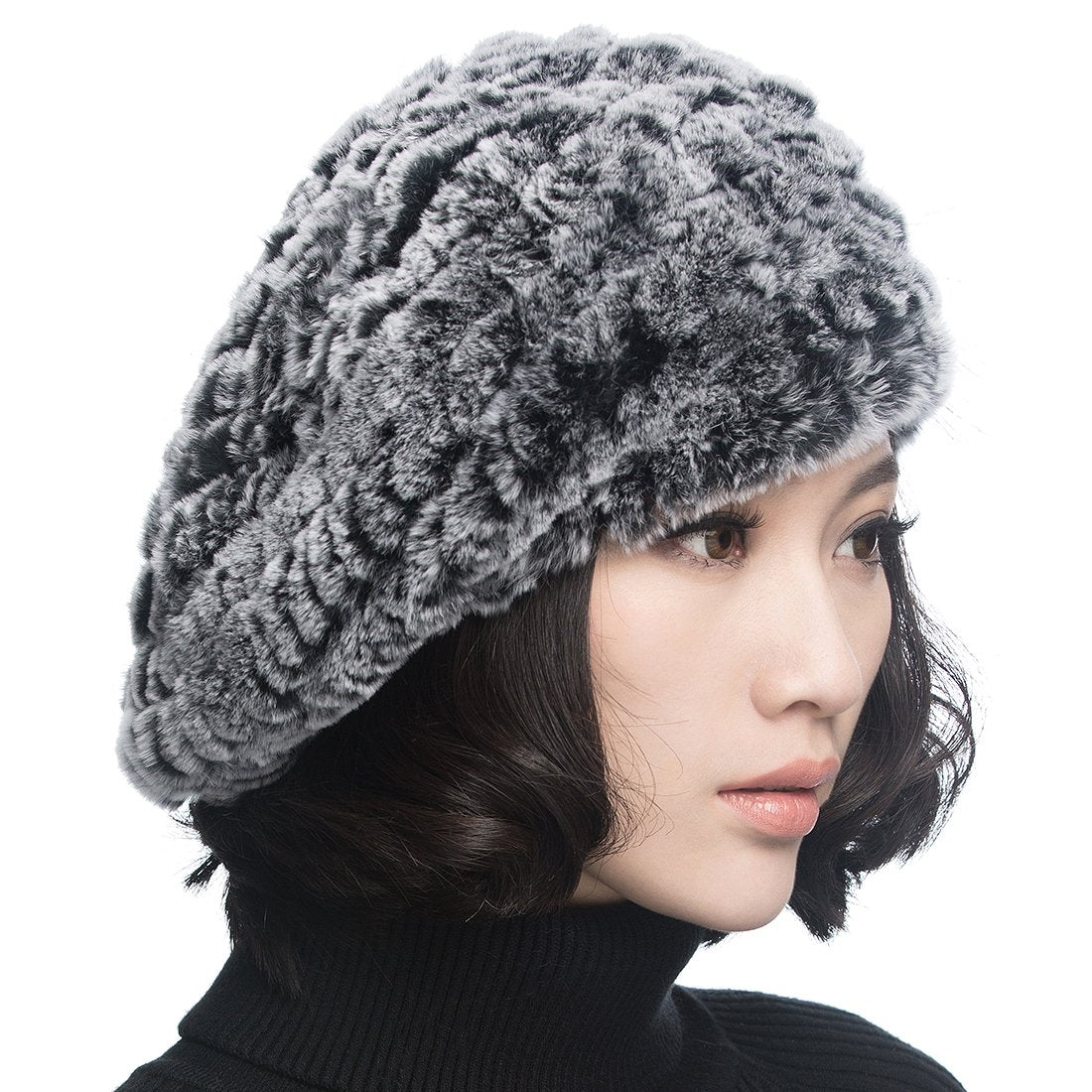 XUYUZUAU Winter Women's Rex Rabbit Beret Hats with Flower