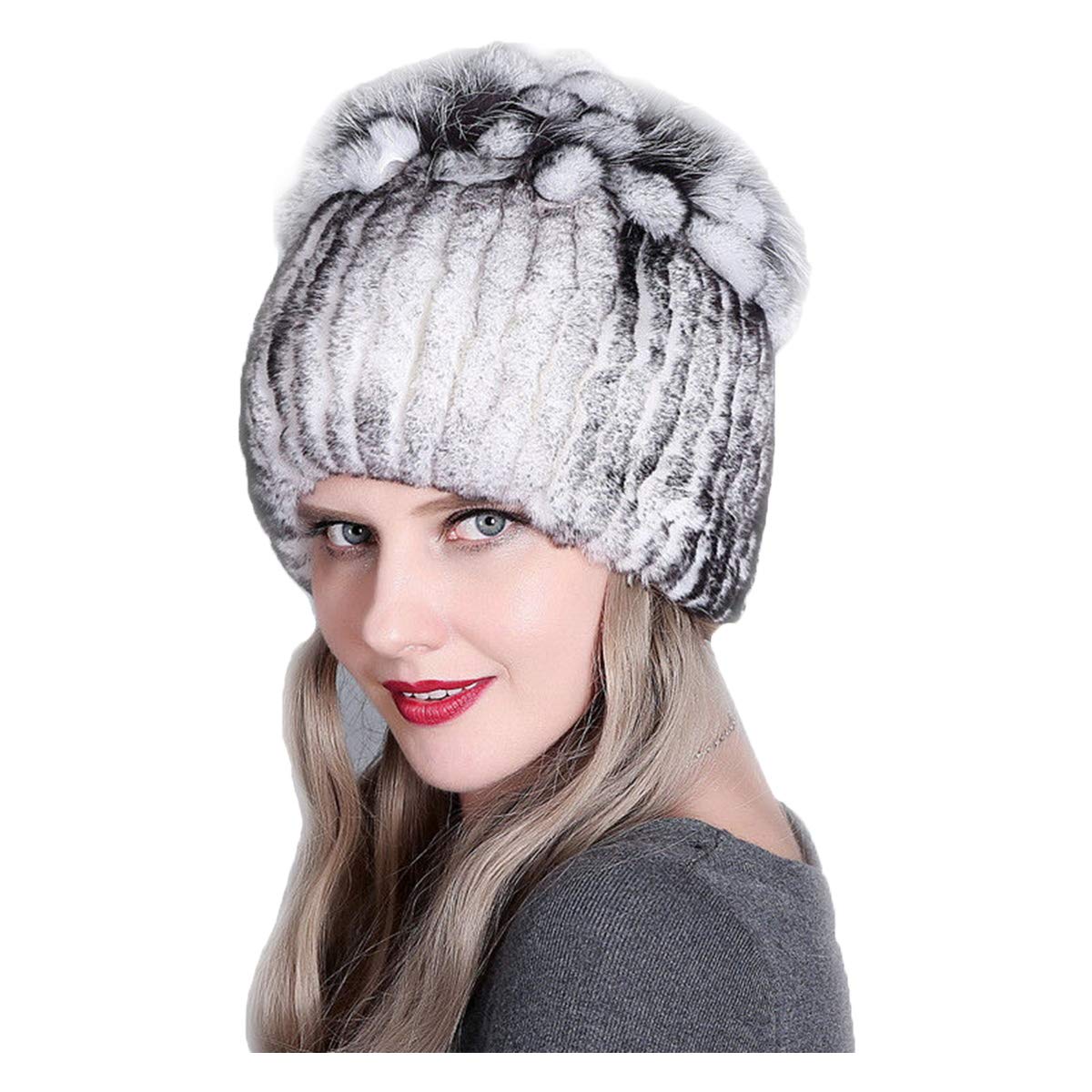 Knitted Hat for Women Real Rex Rabbit Hair and Silver Fox Hair Top Flower Shape Cap Elastic Winter Warm