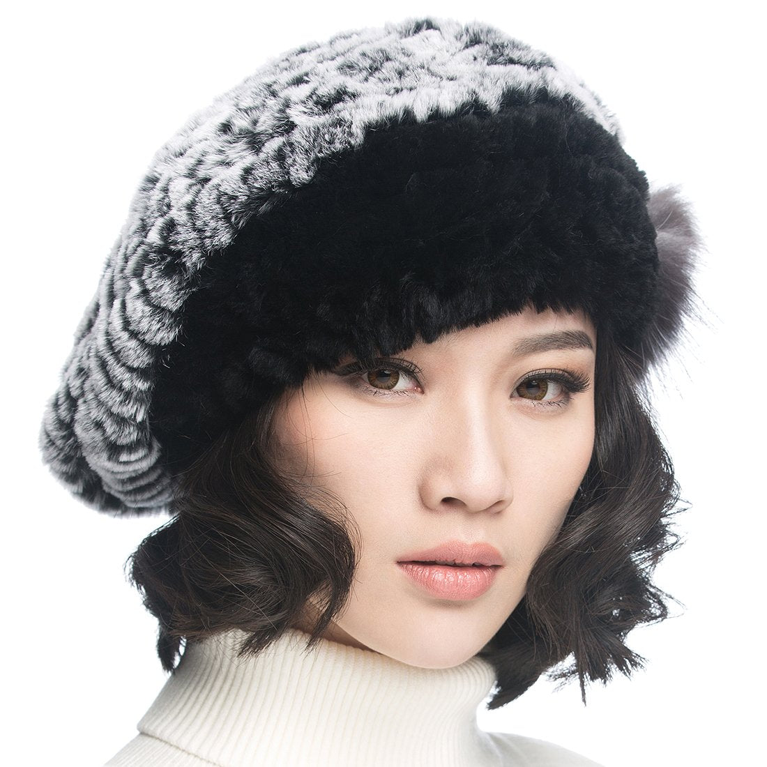 XUYUZUAU Winter Women's Rex Rabbit Beret Hats with Flower
