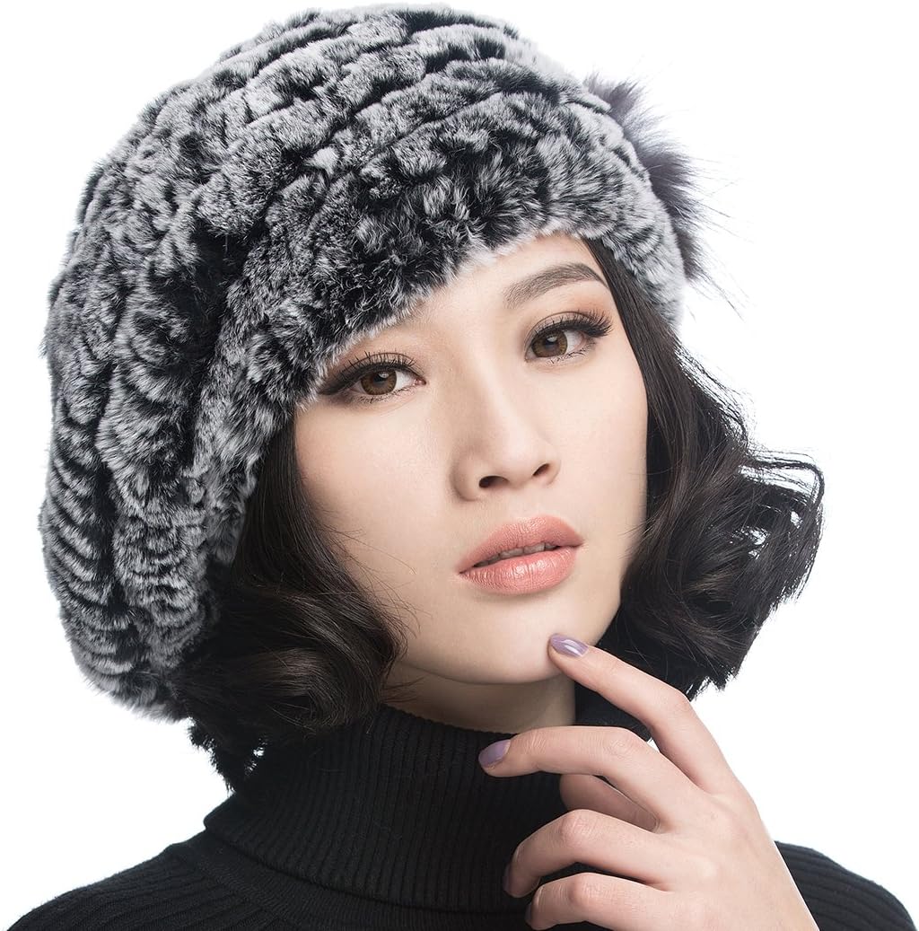 XUYUZUAU Winter Women's Rex Rabbit Beret Hats with Flower