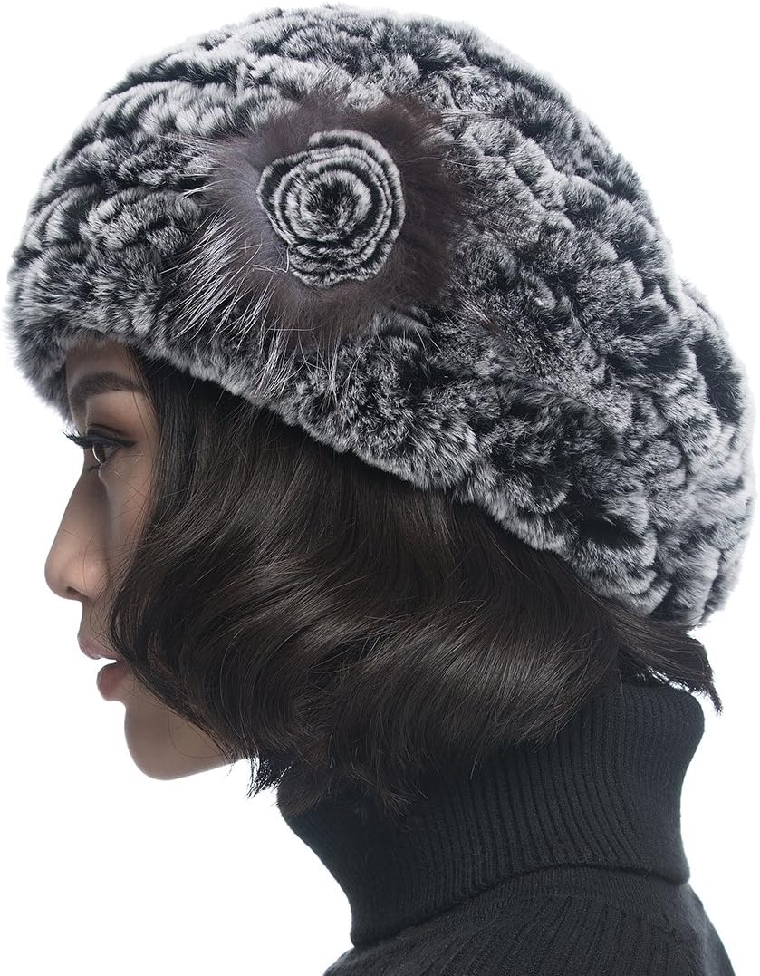 XUYUZUAU Winter Women's Rex Rabbit Beret Hats with Flower